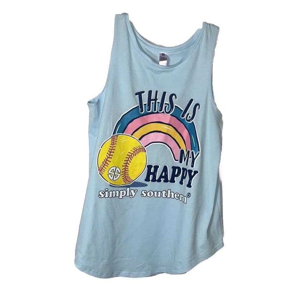 Simply Southern This Is My Happy Place Women’s Blue Graphic Tank Top Size M